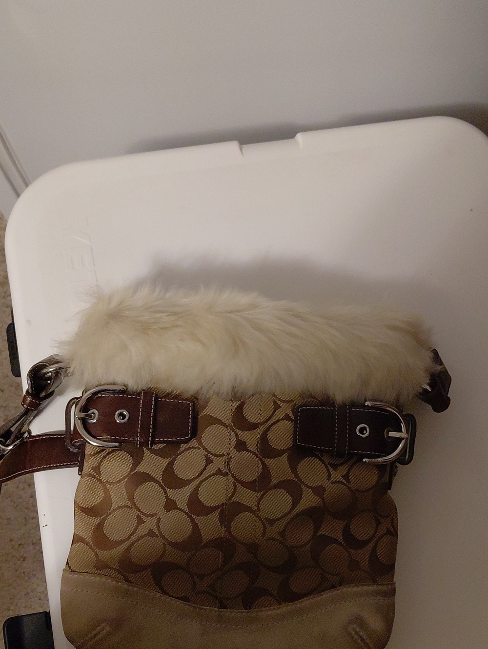 Coach Brown Signature Canvas Shoulder Bag with Cream Fur Trim